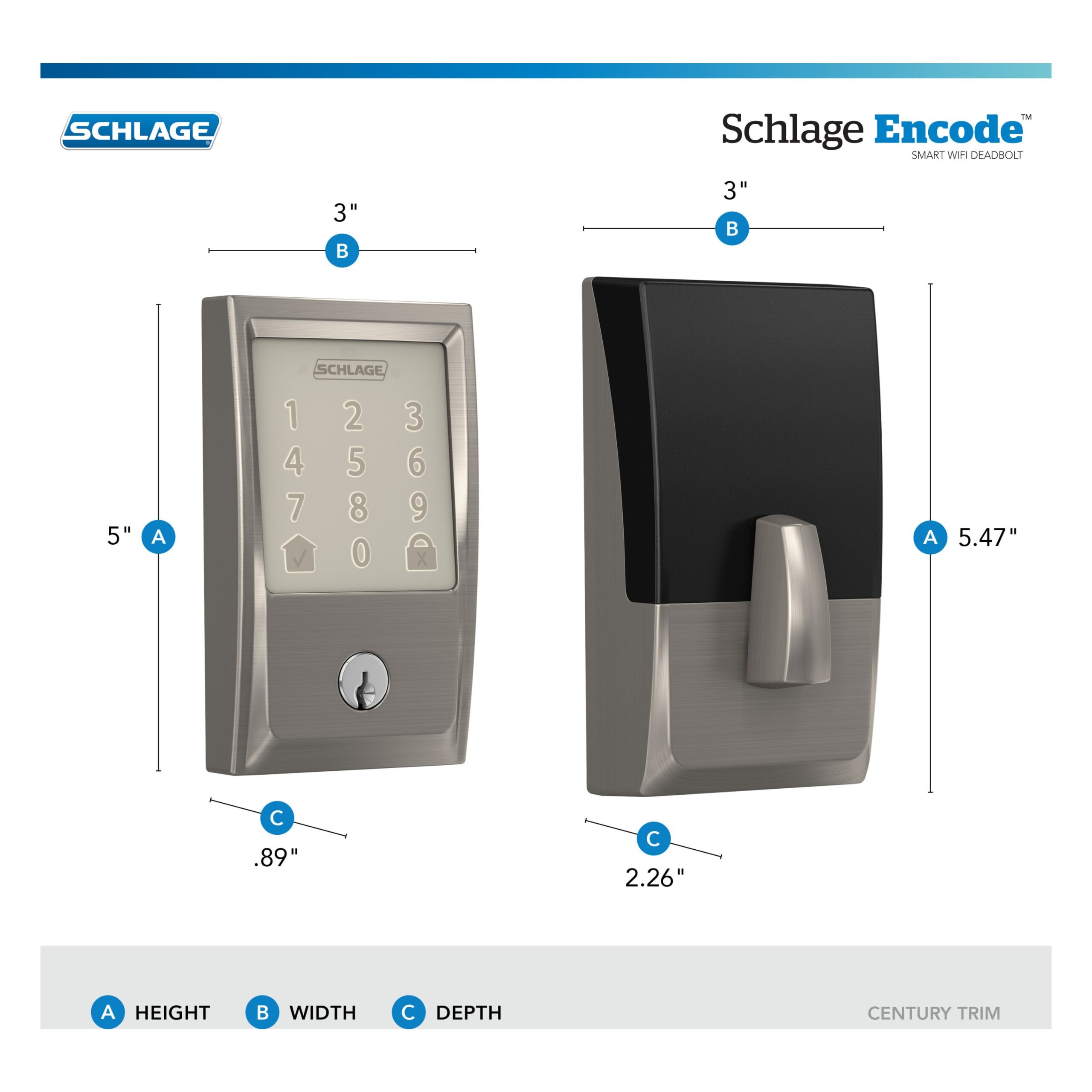 Schlage Encode Century Satin Nickel Smart Wi-Fi and Bluetooth Touchscreen Keypad Electronic Deadbolt Lock