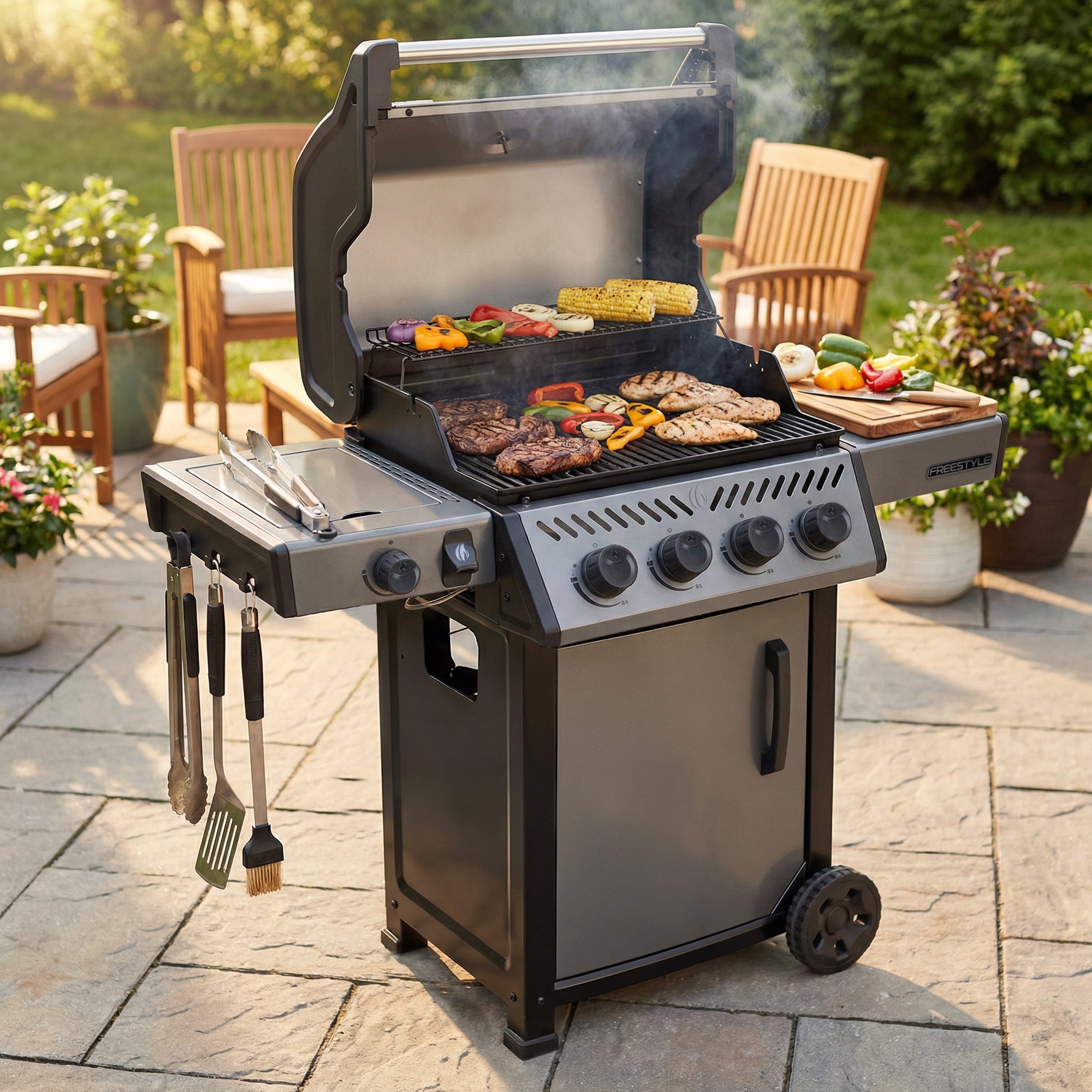 NAPOLEON Freestyle 425 Graphite Grey 4 -Burner Liquid Propane Gas Grill 1 -Side Burner