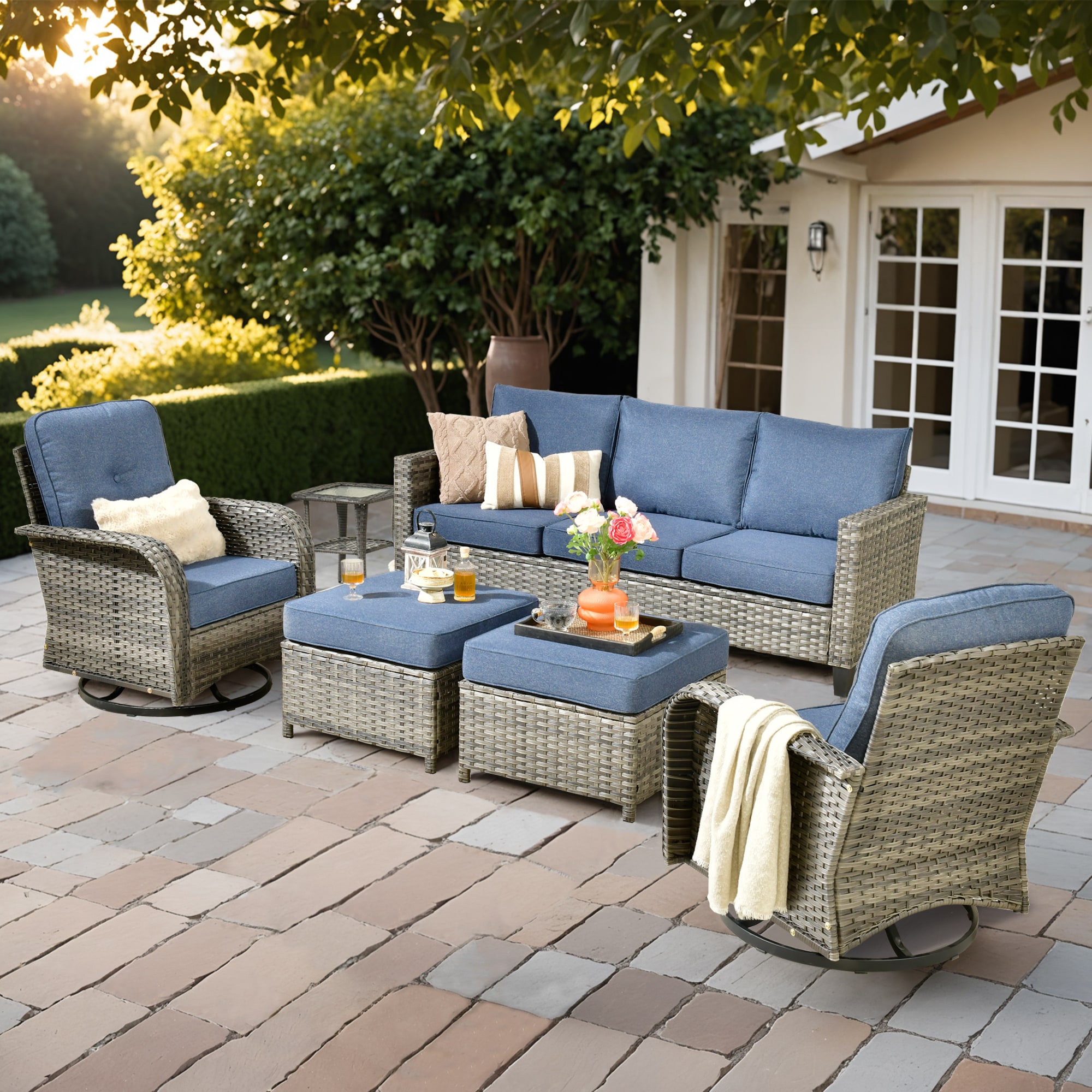 Ovios 6 -Piece Rattan Patio Sofa Conversation Set with Blue Cushions