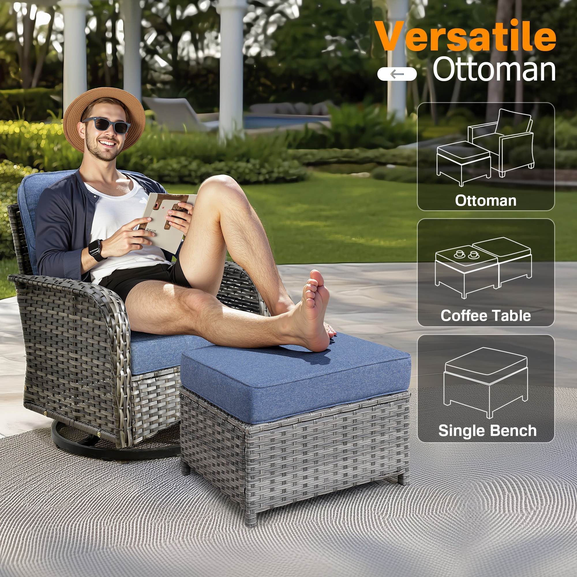 Ovios 6 -Piece Rattan Patio Sofa Conversation Set with Blue Cushions