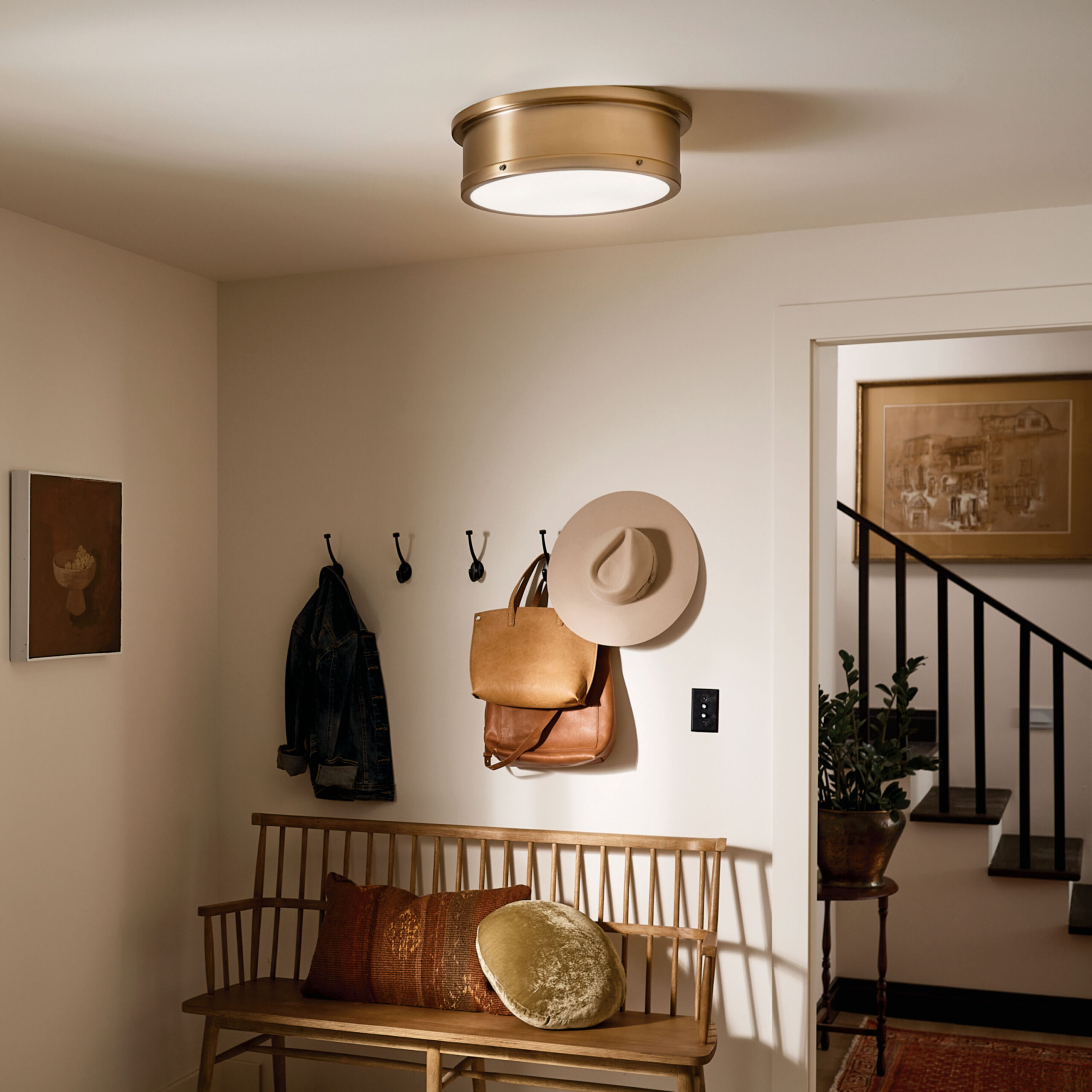 Kichler Serca 18-in Brushed Natural Brass Indoor 3 -Light Flush Mount Light with Etched Glass