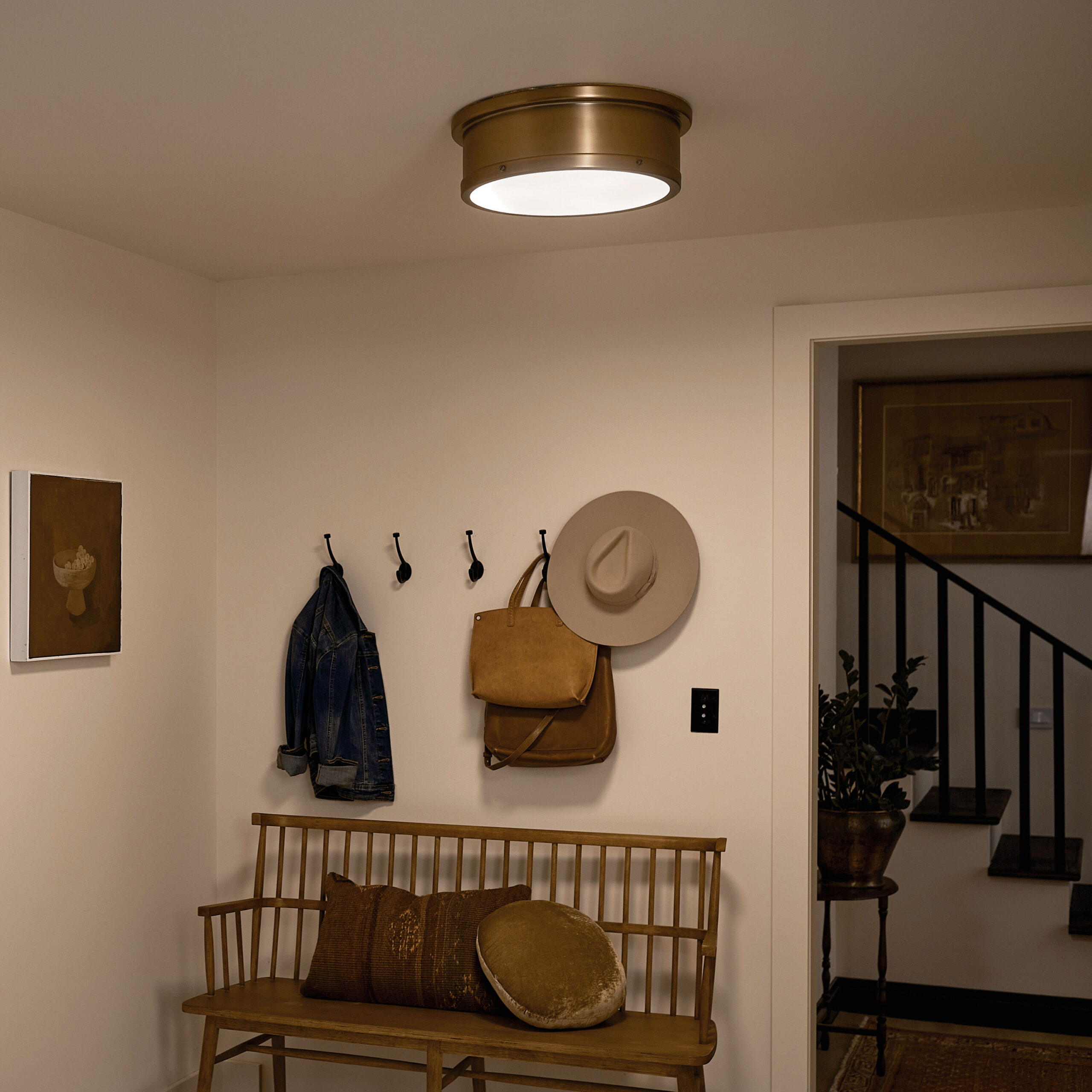 Kichler Serca 18-in Brushed Natural Brass Indoor 3 -Light Flush Mount Light with Etched Glass