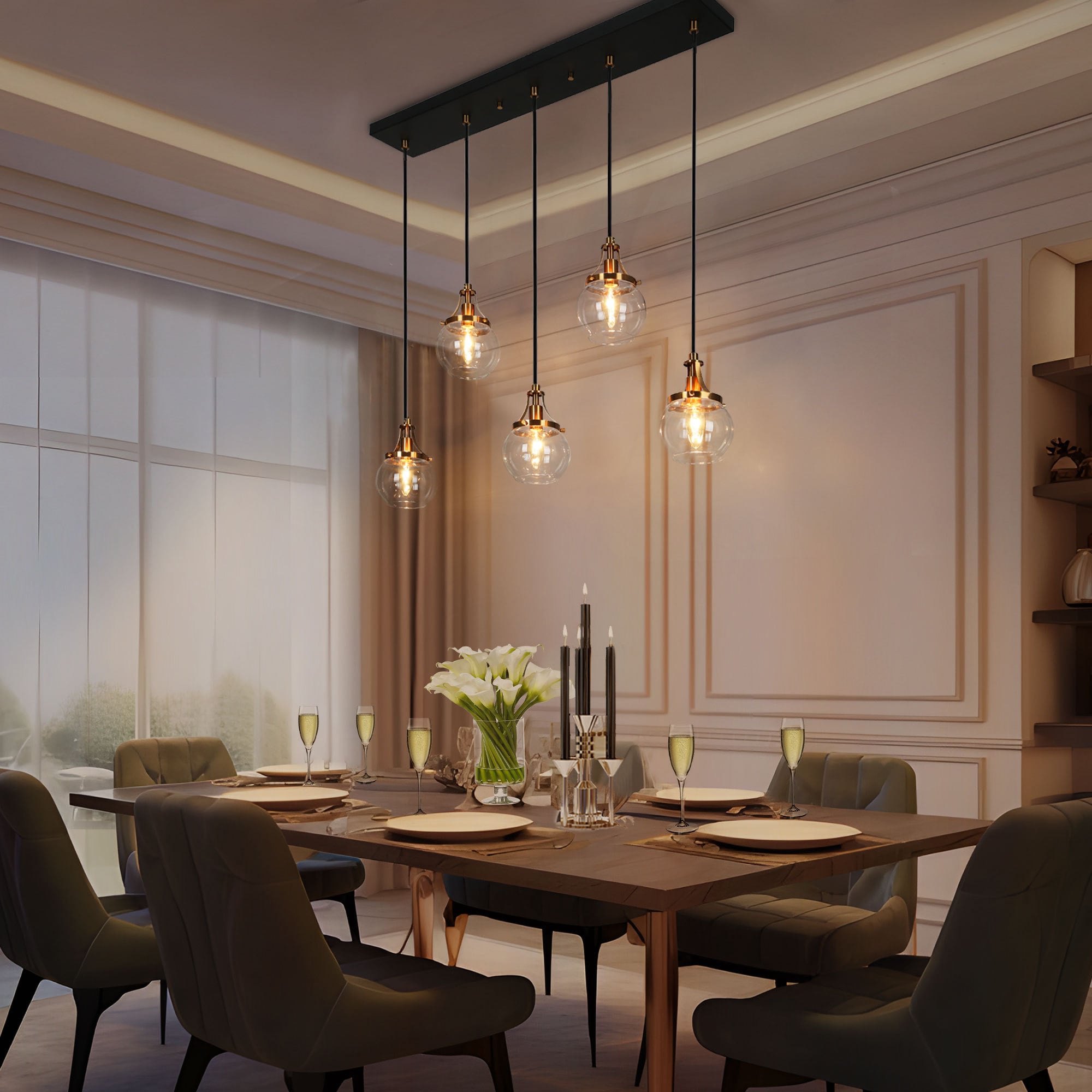 LNC Capensis 5 -Light Black Dining Room Light Fixture Over Table Modern/contemporary Clear glass Globe Large Hanging Kitchen Island Light