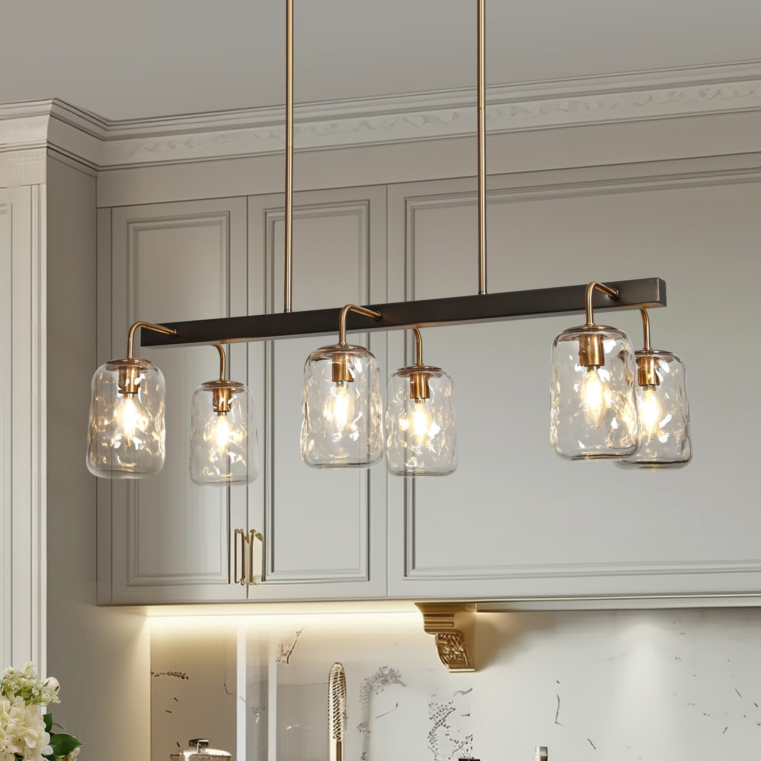 LNC Erharting 6 -Light Brushed Black and Polished Gold Mason Jar Modern/contemporary Textured glass Linear Large Hanging Kitchen Island Light