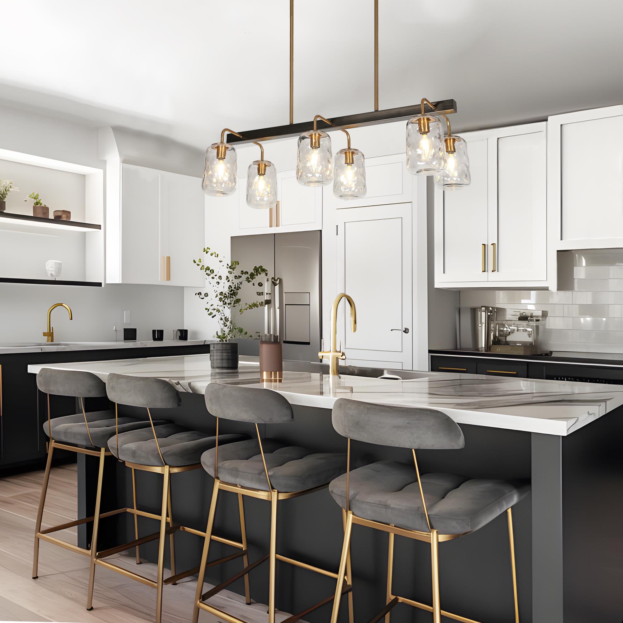 LNC Erharting 6 -Light Brushed Black and Polished Gold Mason Jar Modern/contemporary Textured glass Linear Large Hanging Kitchen Island Light