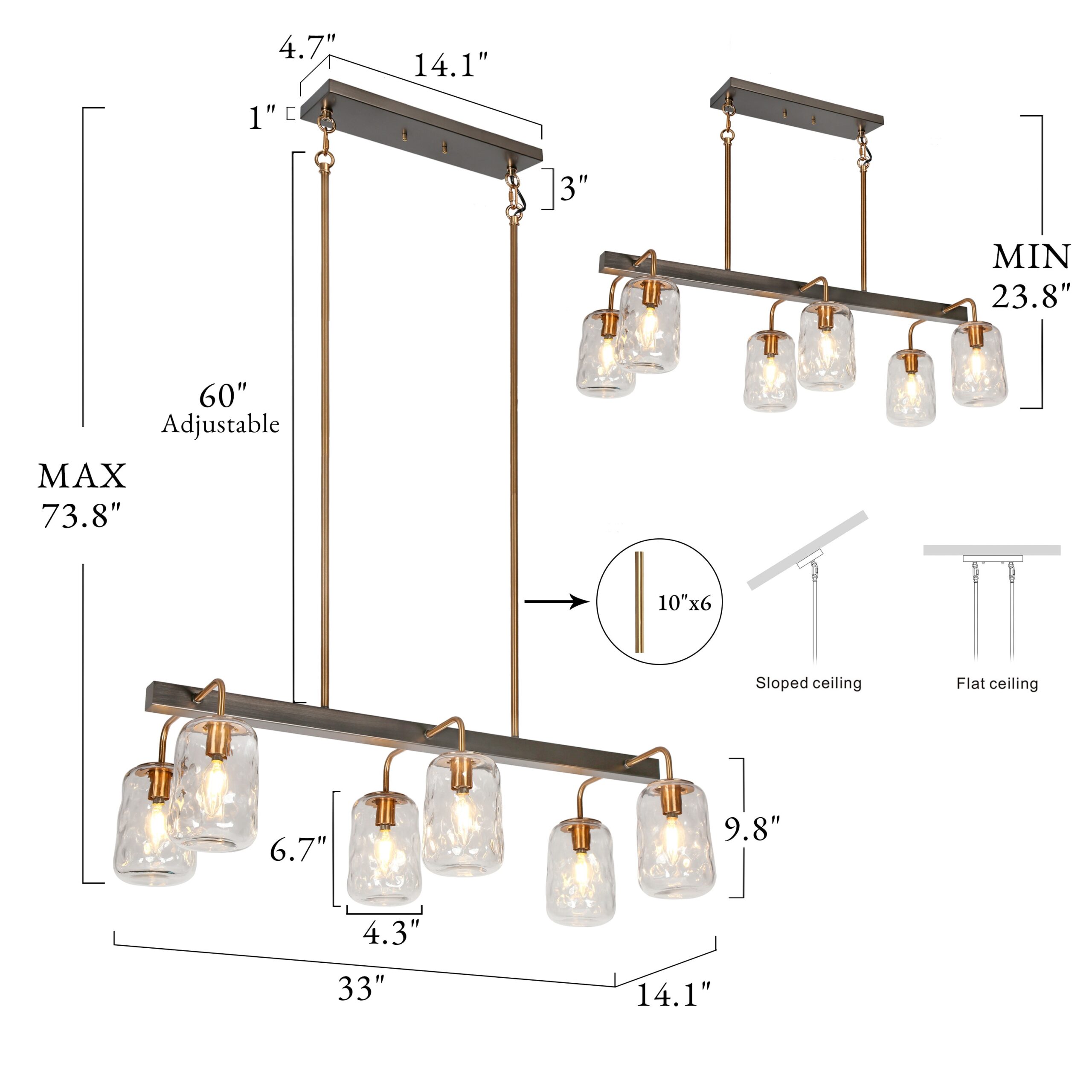 LNC Erharting 6 -Light Brushed Black and Polished Gold Mason Jar Modern/contemporary Textured glass Linear Large Hanging Kitchen Island Light