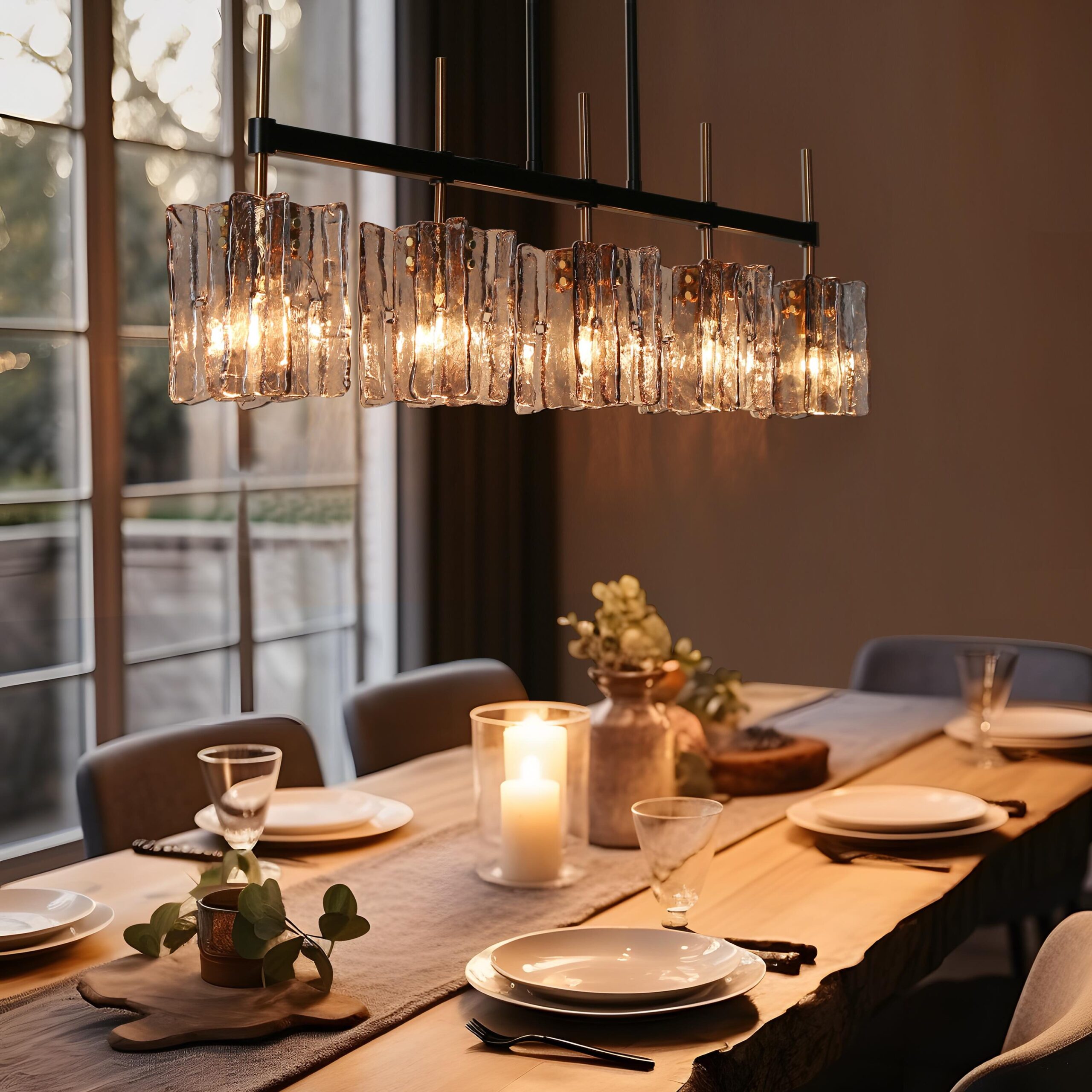 LNC Echonalyri 35.4-in L 5 -Light Polished Gold and Black Smokey Gray Glass Kitchen Island Light