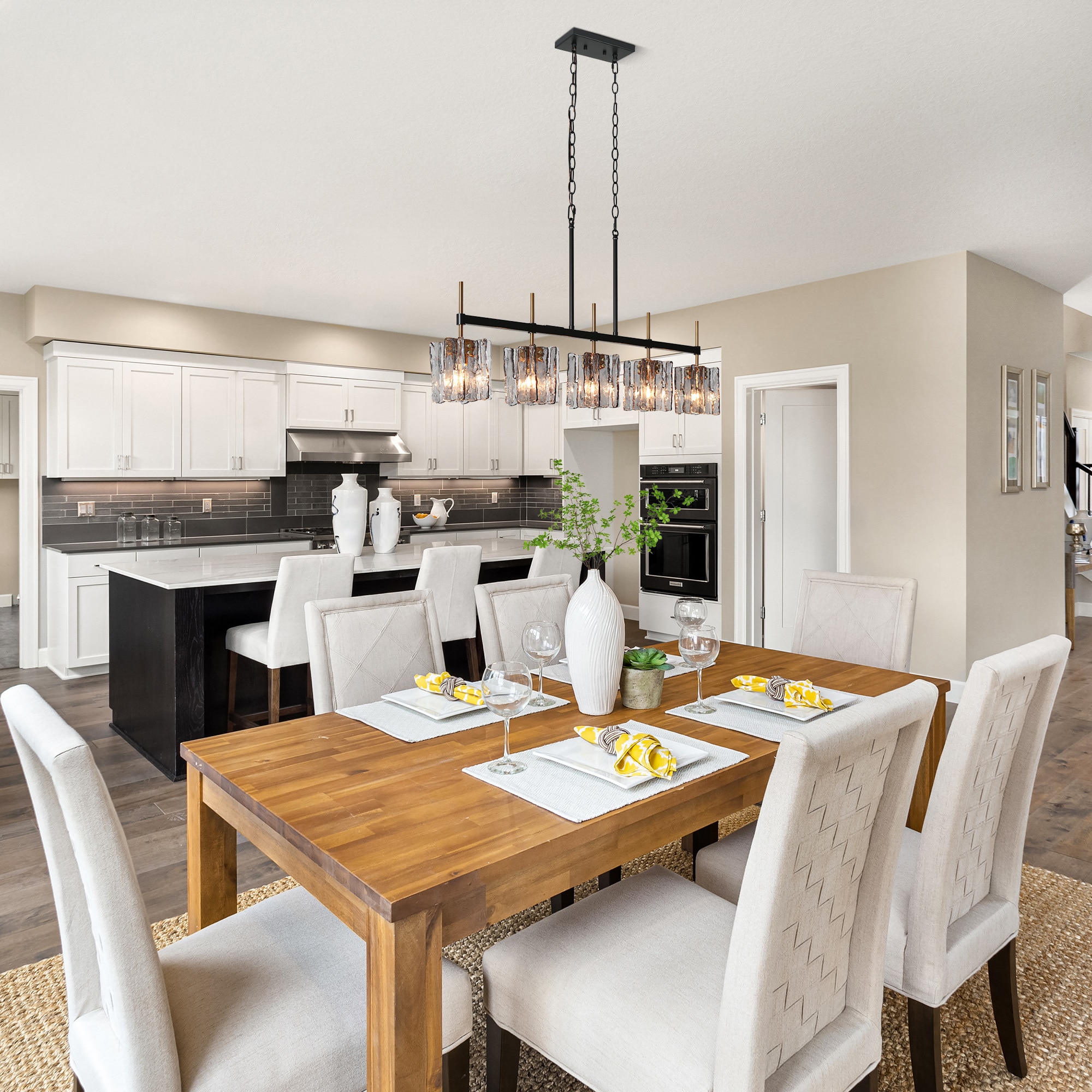 LNC Echonalyri 35.4-in L 5 -Light Polished Gold and Black Smokey Gray Glass Kitchen Island Light