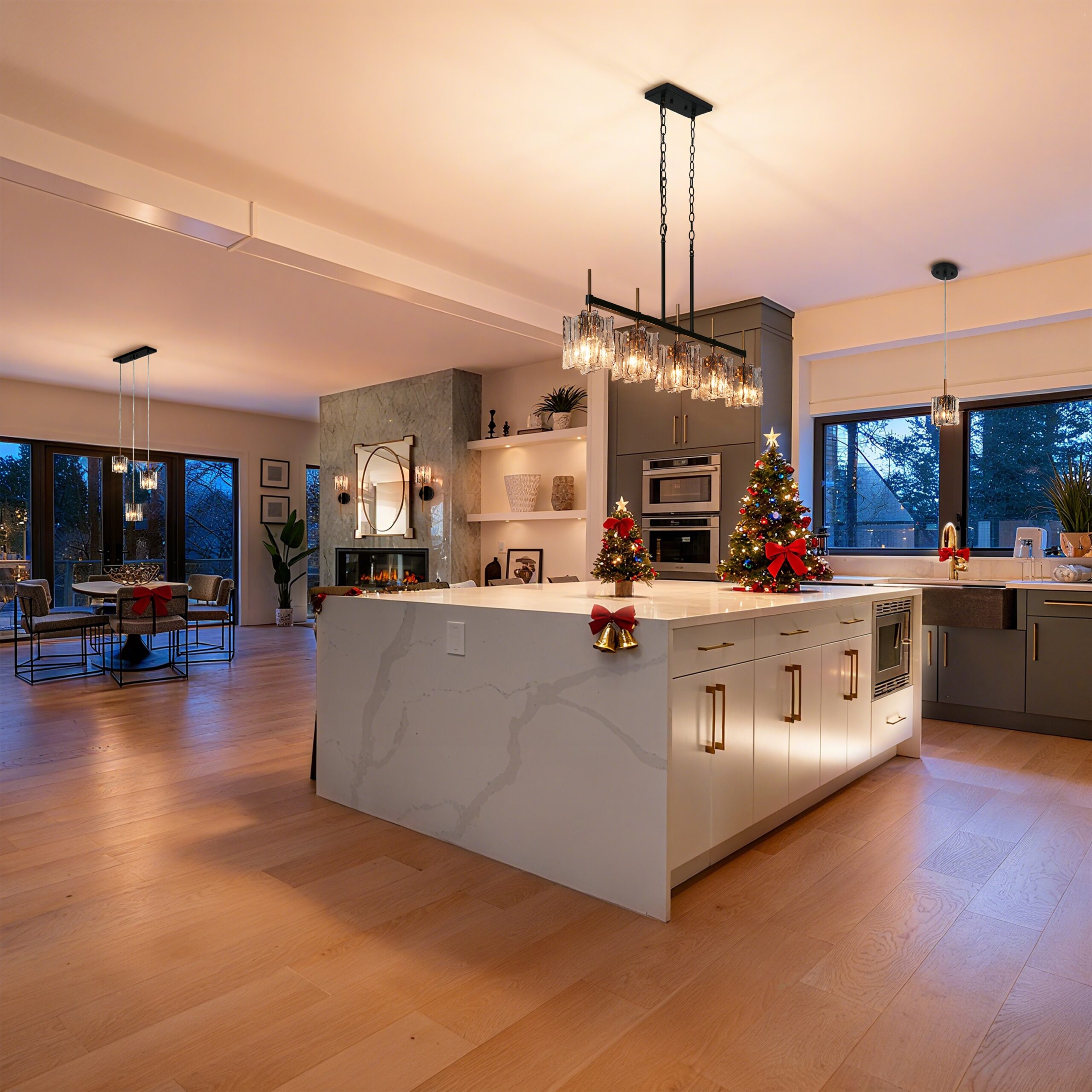 LNC Echonalyri 35.4-in L 5 -Light Polished Gold and Black Smokey Gray Glass Kitchen Island Light
