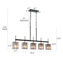 LNC Echonalyri 35.4-in L 5 -Light Polished Gold and Black Smokey Gray Glass Kitchen Island Light