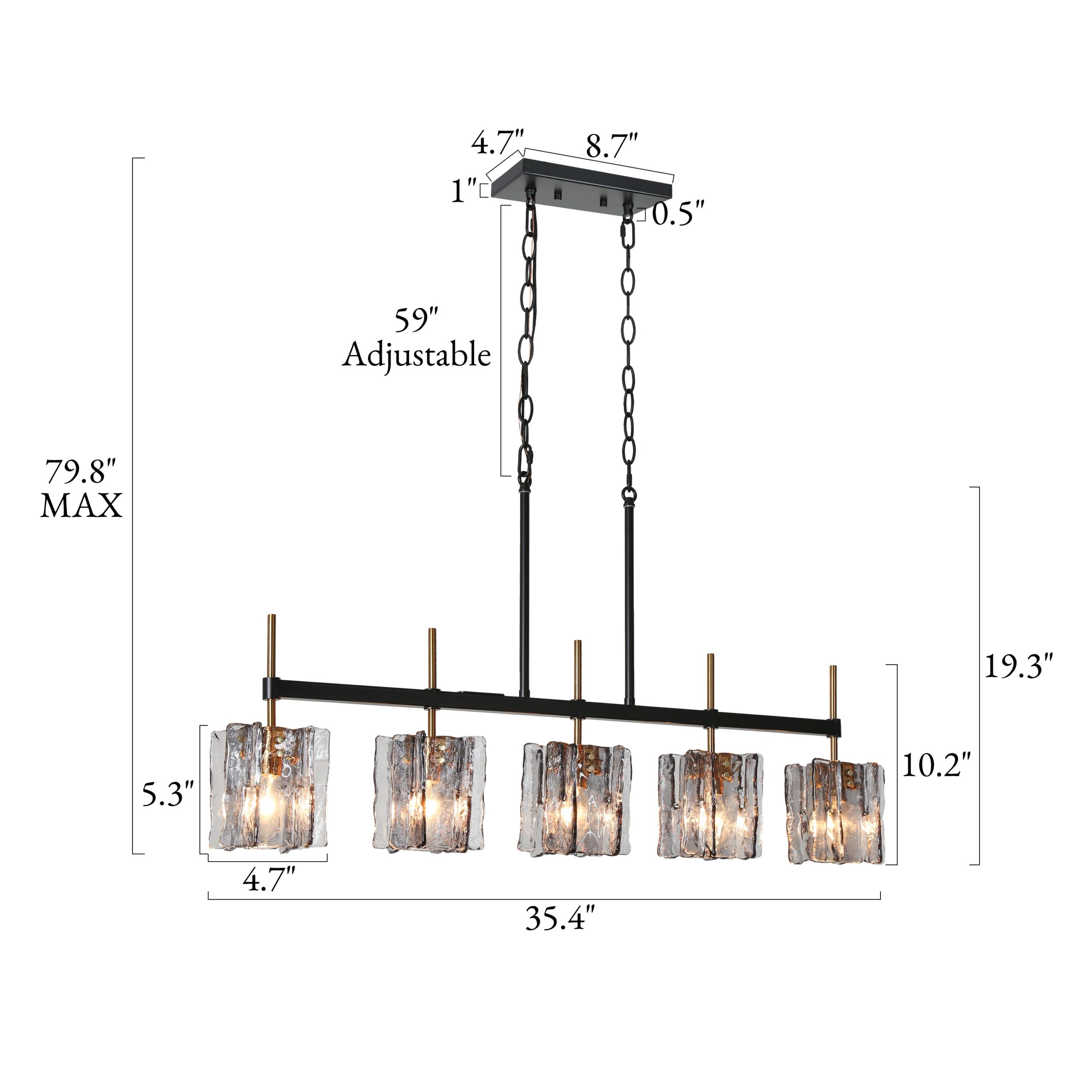 LNC Echonalyri 35.4-in L 5 -Light Polished Gold and Black Smokey Gray Glass Kitchen Island Light
