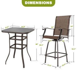 Nuu Garden 3 -Piece Black and brown Bar Height Patio Dining Set Iron Square Table with 2 Brown Swivel Chairs