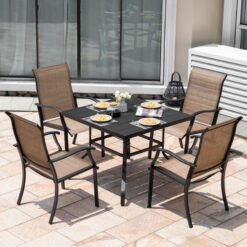 Nuu Garden 5 -Piece Black Patio Dining Set Iron Square Table with 4 Brown Stationary Chairs