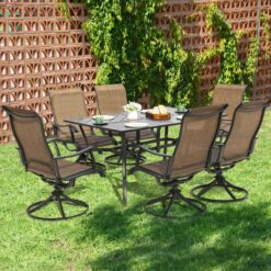 Nuu Garden 7 -Piece Black Patio Dining Set Iron Rectangle Table with 6 Brown Swivel Chairs