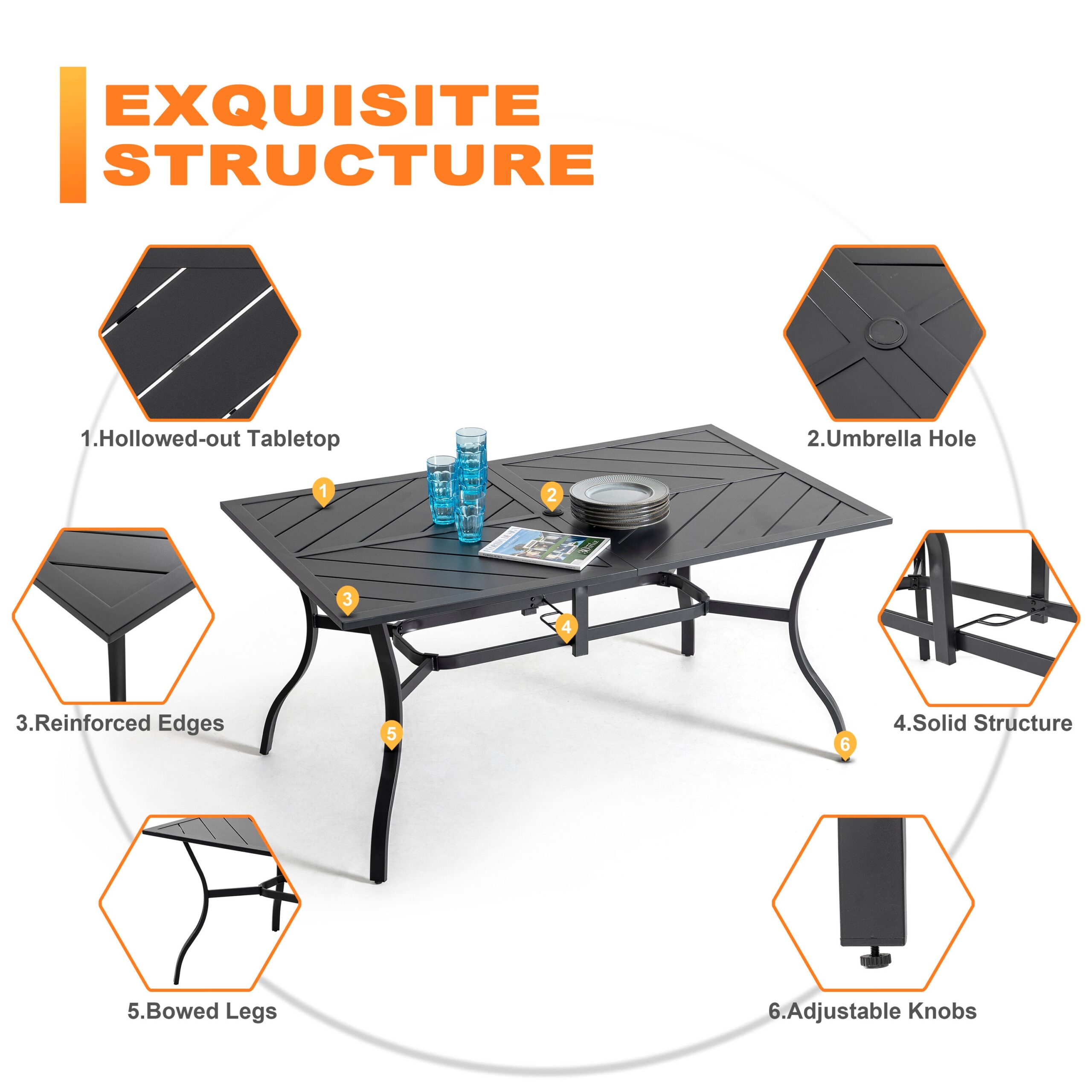 Nuu Garden 7 -Piece Black Patio Dining Set Iron Rectangle Table with 6 Brown Swivel Chairs