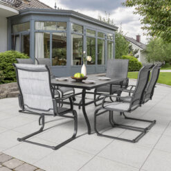 Nuu Garden 7 -Piece Black Patio Dining Set Iron Rectangle Table with 6 Light gray C-spring Chairs