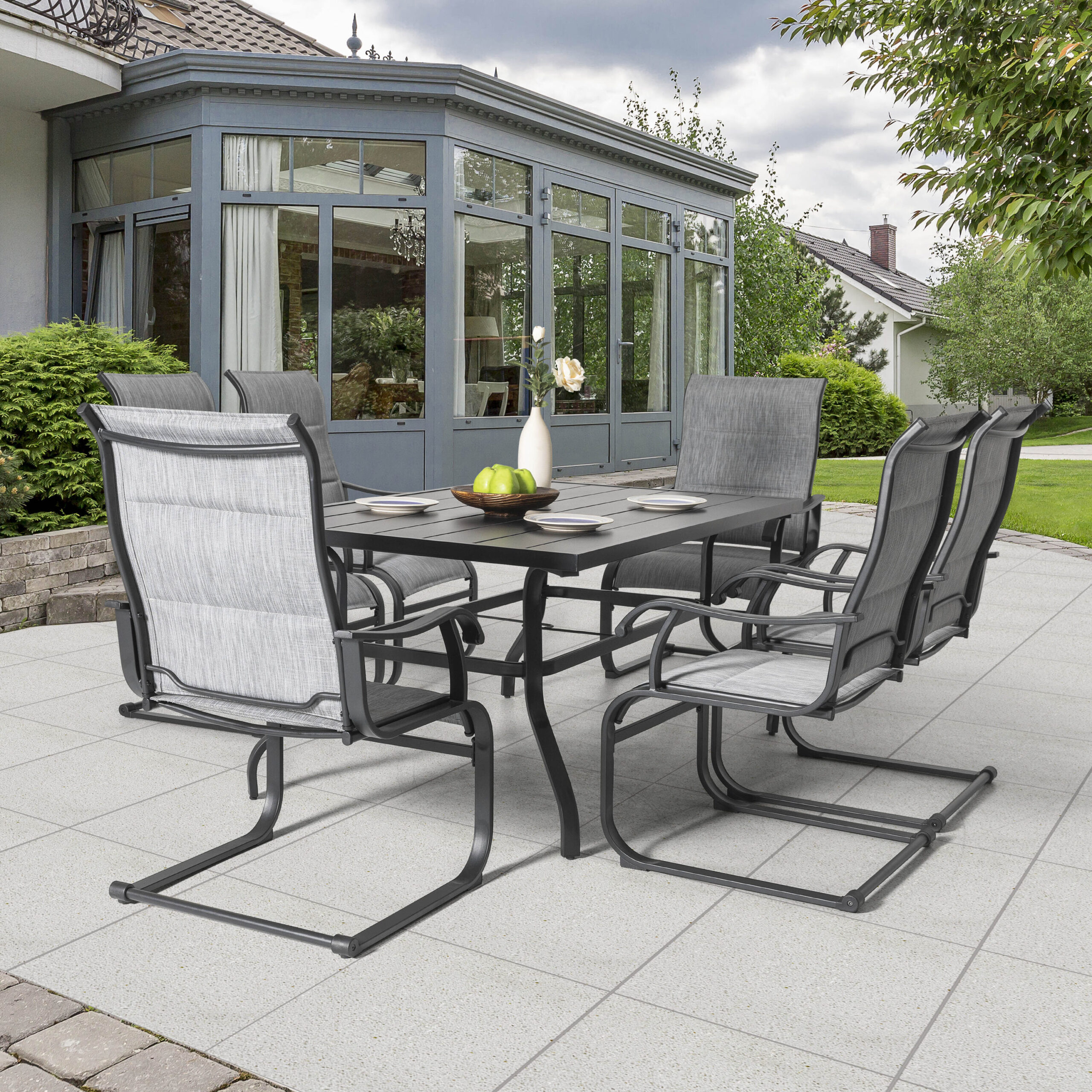 Nuu Garden 7 -Piece Black Patio Dining Set Iron Rectangle Table with 6 Light gray C-spring Chairs
