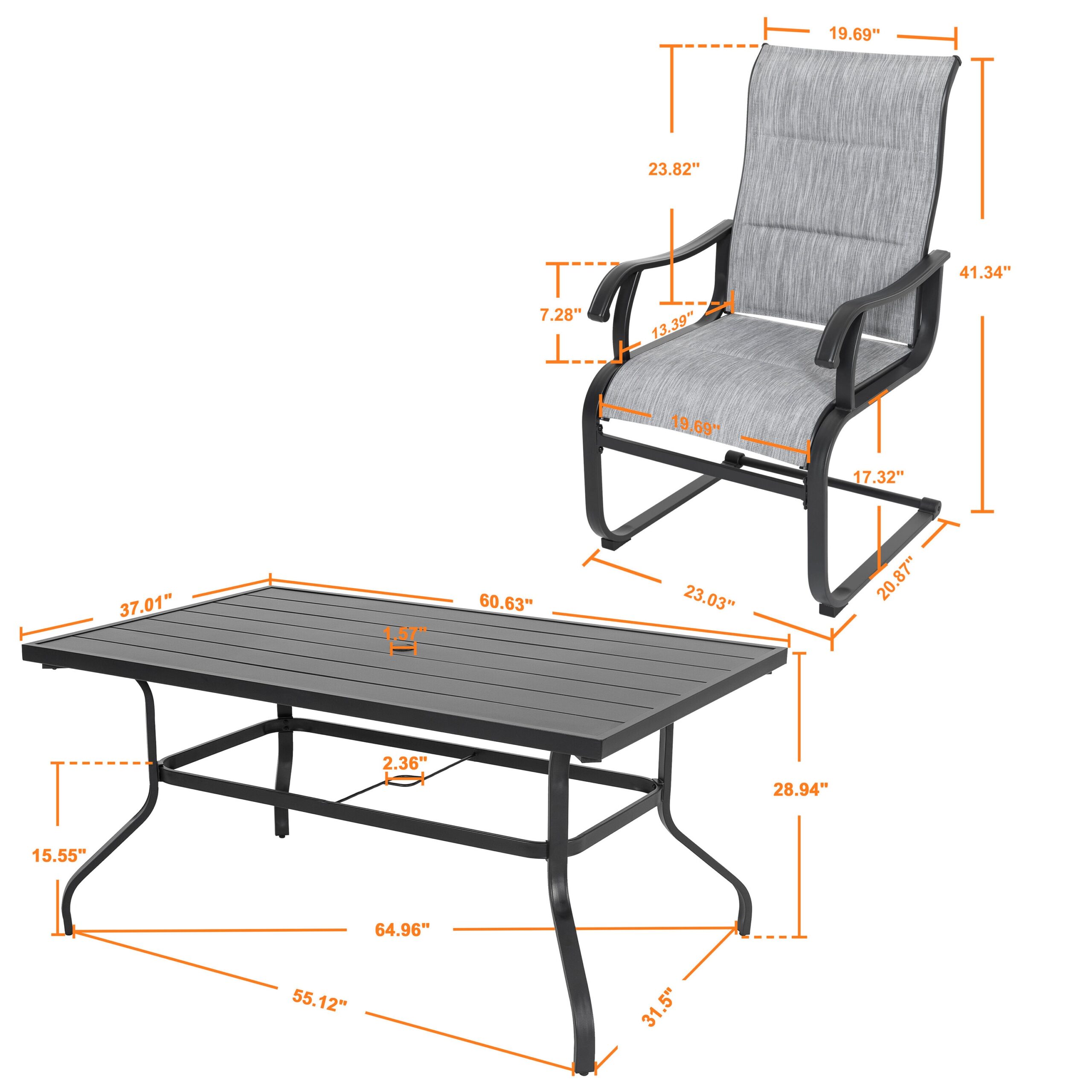 Nuu Garden 7 -Piece Black Patio Dining Set Iron Rectangle Table with 6 Light gray C-spring Chairs