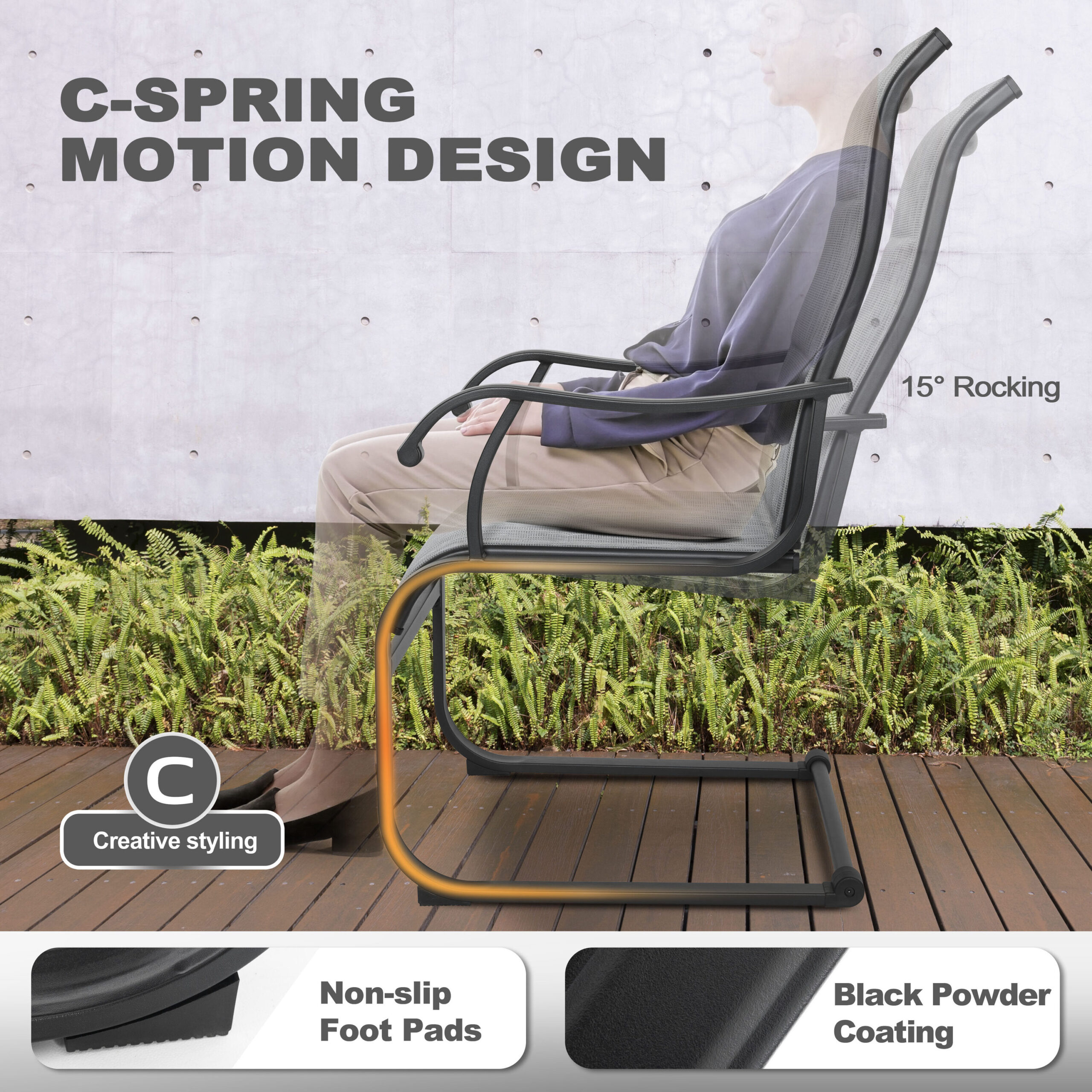 Nuu Garden 7 -Piece Black Patio Dining Set Iron Rectangle Table with 6 Light gray C-spring Chairs