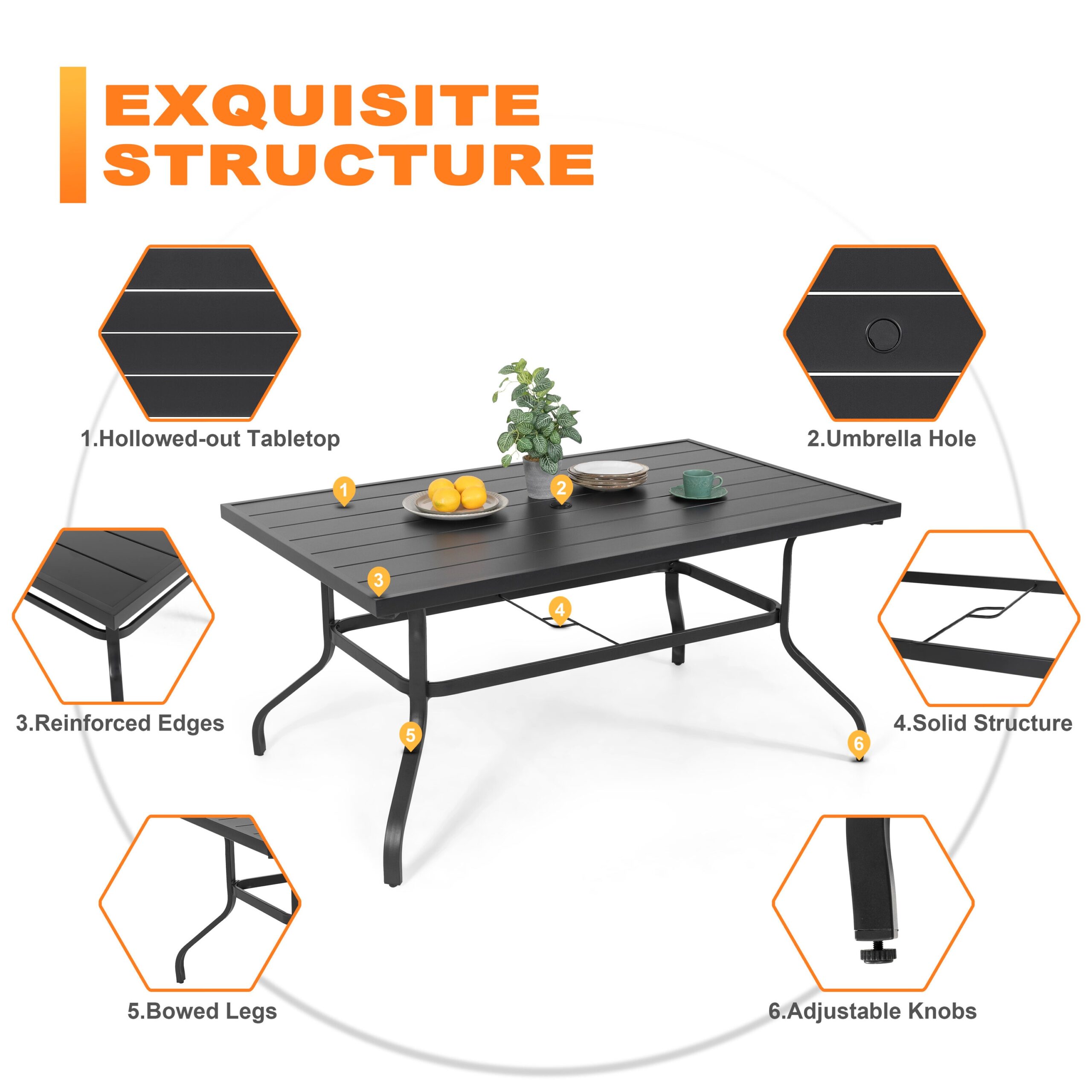 Nuu Garden 7 -Piece Black Patio Dining Set Iron Rectangle Table with 6 Light gray C-spring Chairs