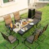 Nuu Garden 7 -Piece Black Patio Dining Set Iron Rectangle Table with 6 Brown C-spring Chairs
