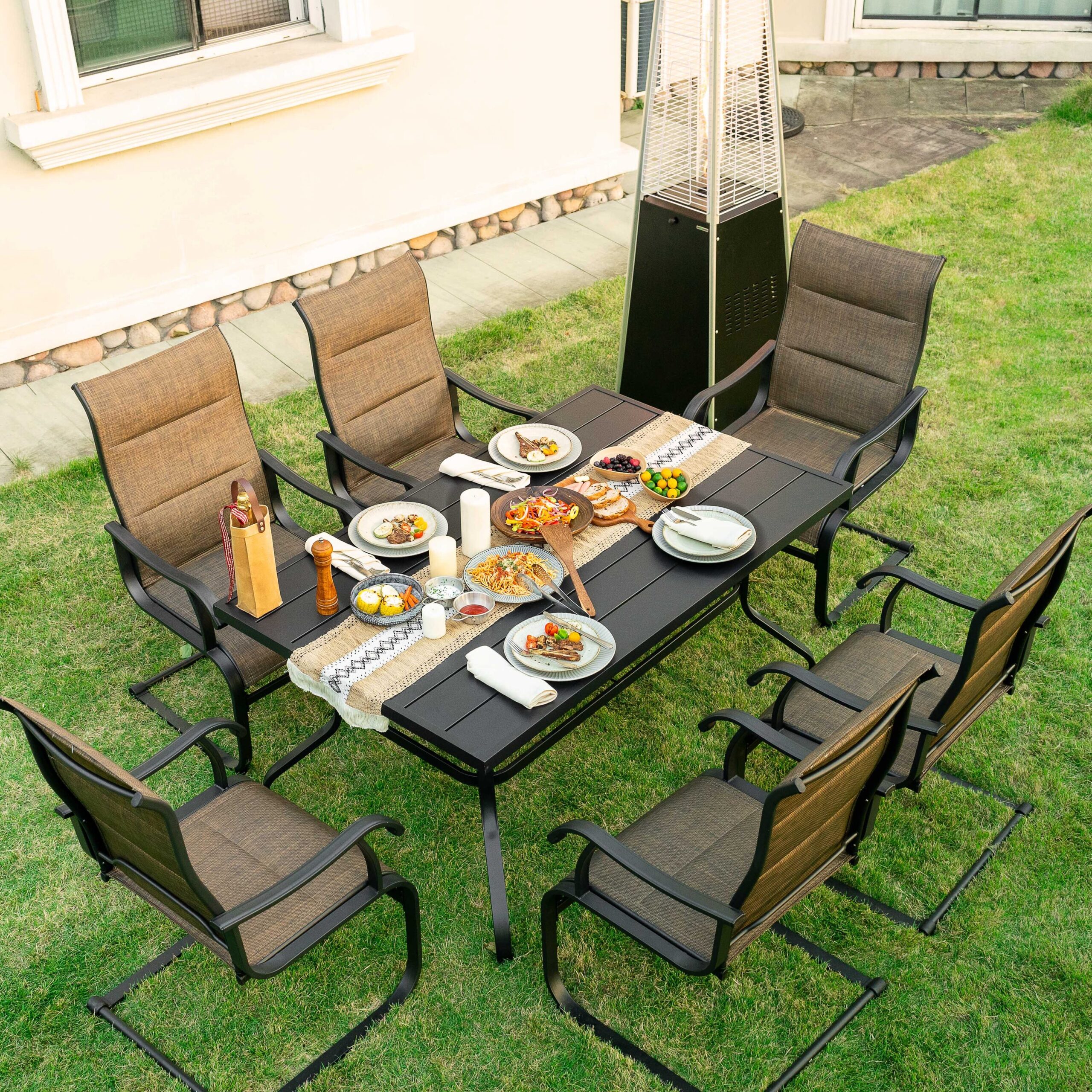 Nuu Garden 7 -Piece Black Patio Dining Set Iron Rectangle Table with 6 Brown C-spring Chairs