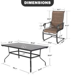 Nuu Garden 7 -Piece Black Patio Dining Set Iron Rectangle Table with 6 Brown C-spring Chairs