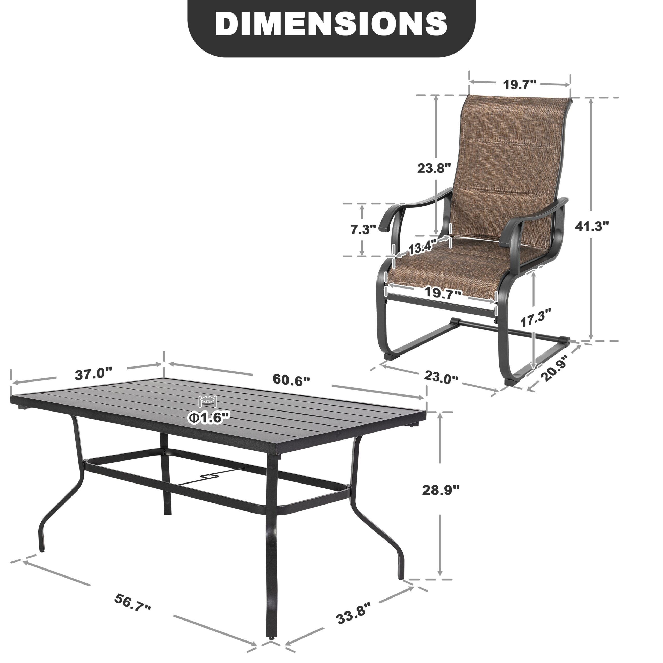 Nuu Garden 7 -Piece Black Patio Dining Set Iron Rectangle Table with 6 Brown C-spring Chairs