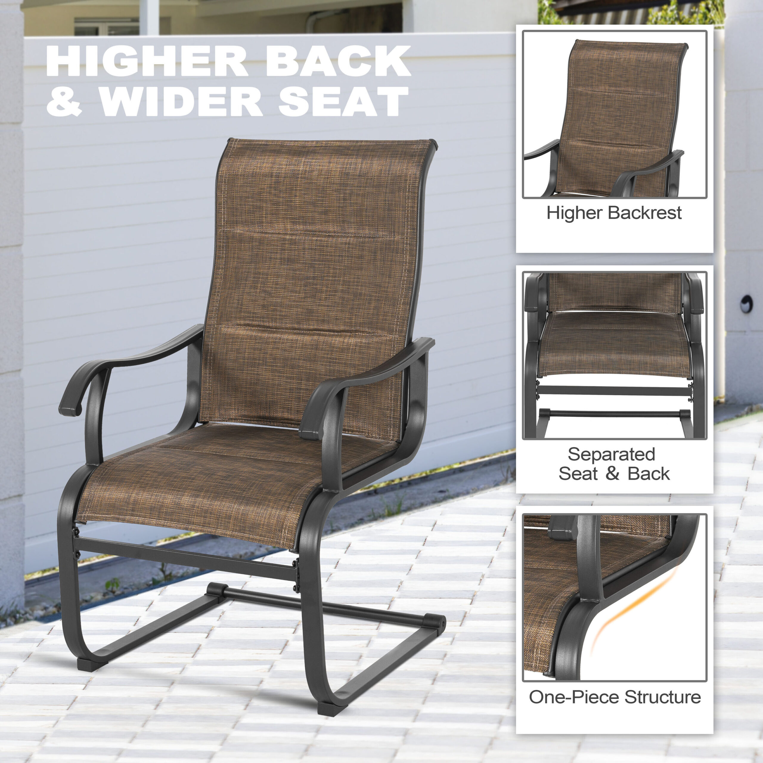 Nuu Garden 7 -Piece Black Patio Dining Set Iron Rectangle Table with 6 Brown C-spring Chairs