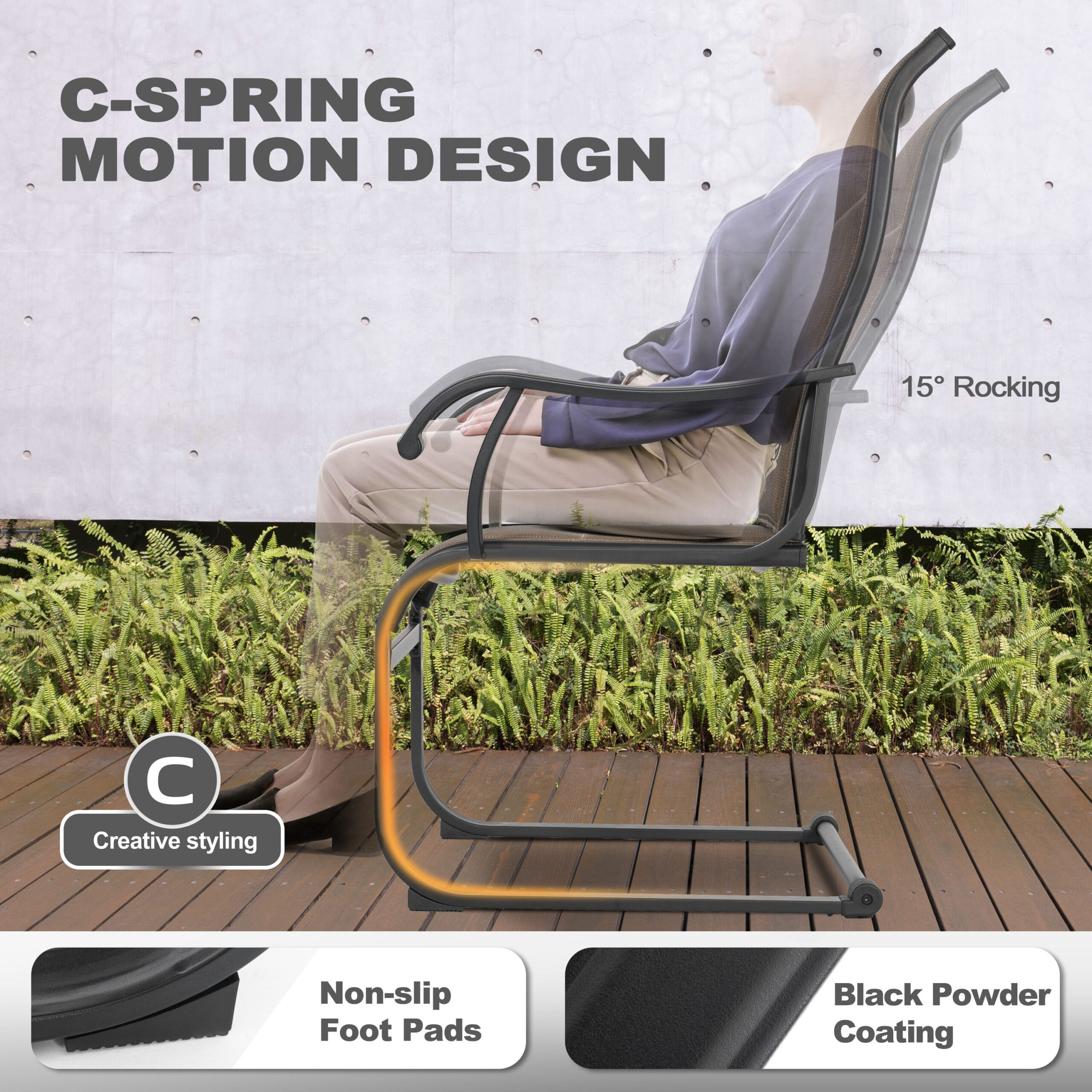 Nuu Garden 7 -Piece Black Patio Dining Set Iron Rectangle Table with 6 Brown C-spring Chairs