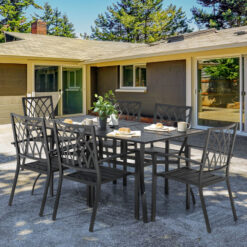 Nuu Garden 7 -Piece Black Patio Dining Set Iron Rectangle Table with 6 Stackable Stationary Chairs