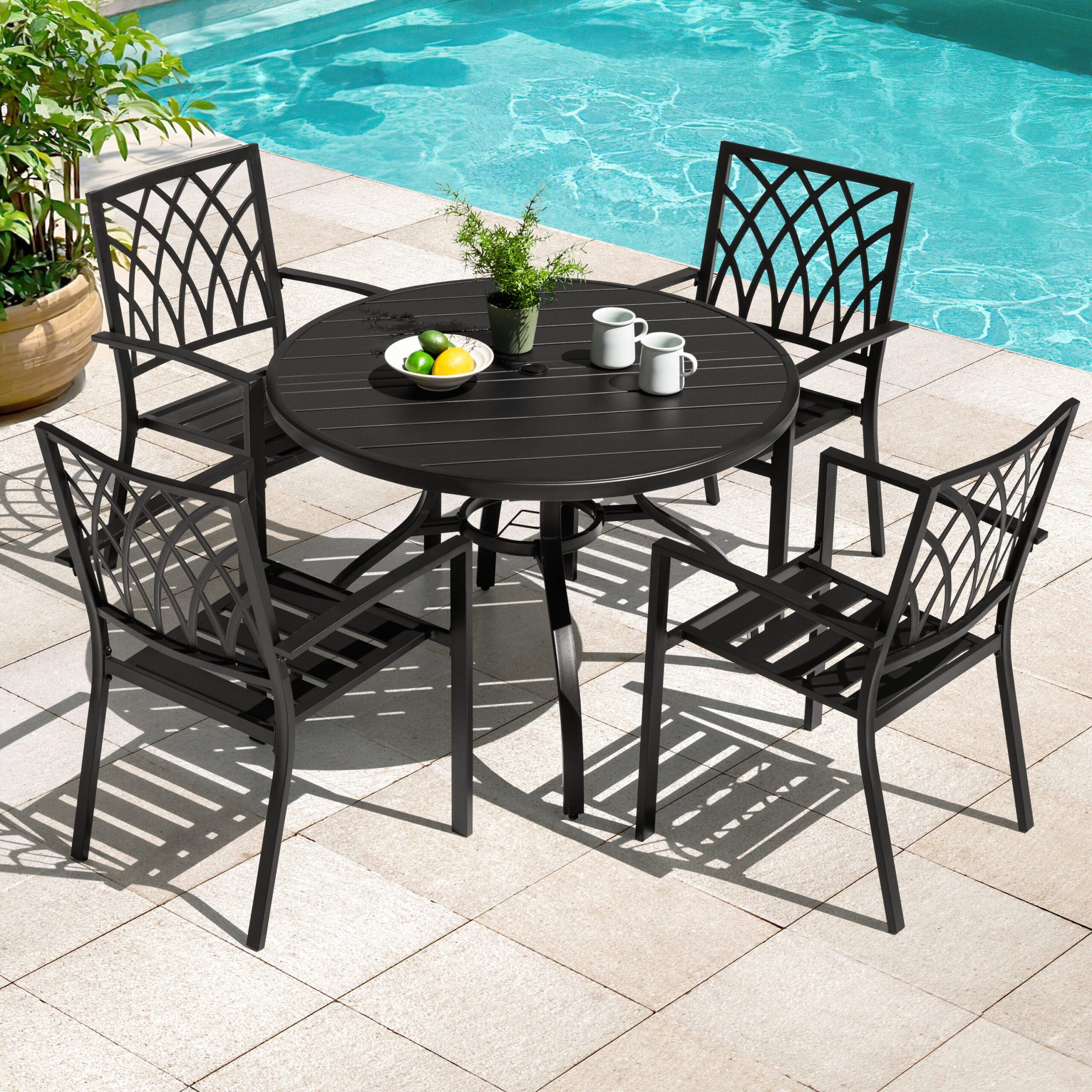 Nuu Garden 5 -Piece Black Patio Dining Set Iron Round Table with 4 Stackable Stationary Chairs