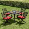 Nuu Garden 5 -Piece Black Patio Dining Set Iron Square Table with 4 Red Cushions Swivel Chairs