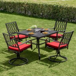 Nuu Garden 5 -Piece Black Patio Dining Set Iron Square Table with 4 Red Cushions Swivel Chairs