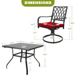 Nuu Garden 5 -Piece Black Patio Dining Set Iron Square Table with 4 Red Cushions Swivel Chairs