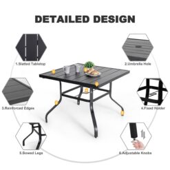 Nuu Garden 5 -Piece Black Patio Dining Set Iron Square Table with 4 Red Cushions Swivel Chairs