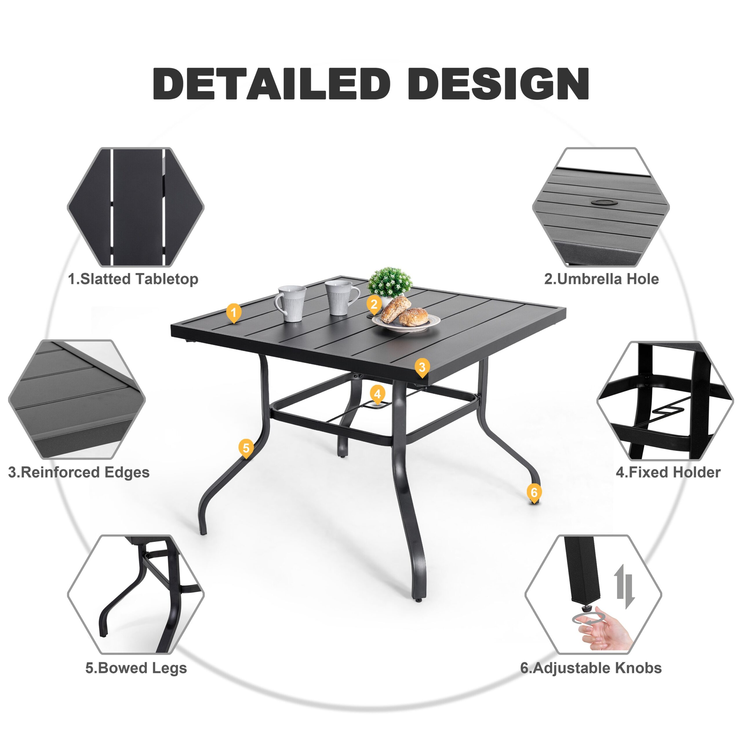 Nuu Garden 5 -Piece Black Patio Dining Set Iron Square Table with 4 Red Cushions Swivel Chairs