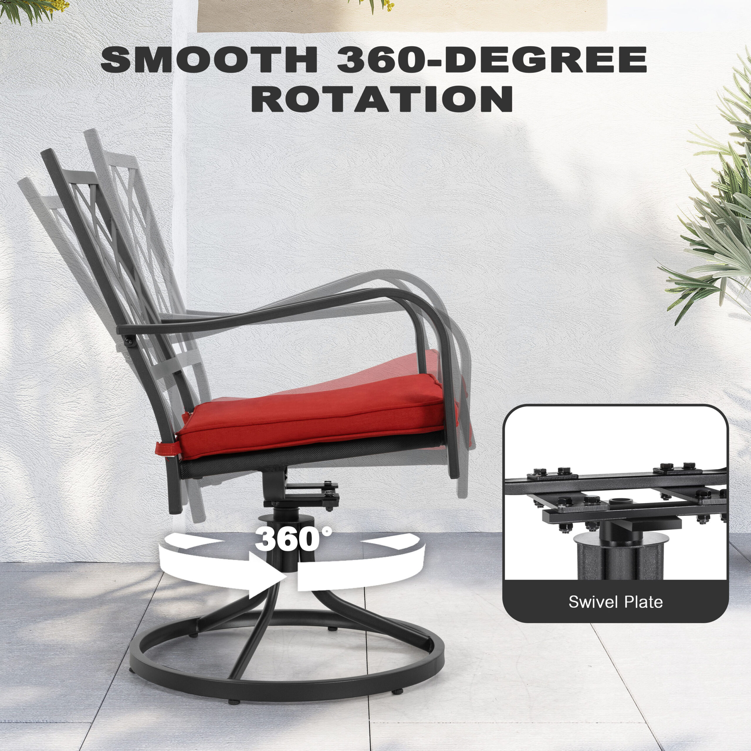 Nuu Garden 5 -Piece Black Patio Dining Set Iron Square Table with 4 Red Cushions Swivel Chairs