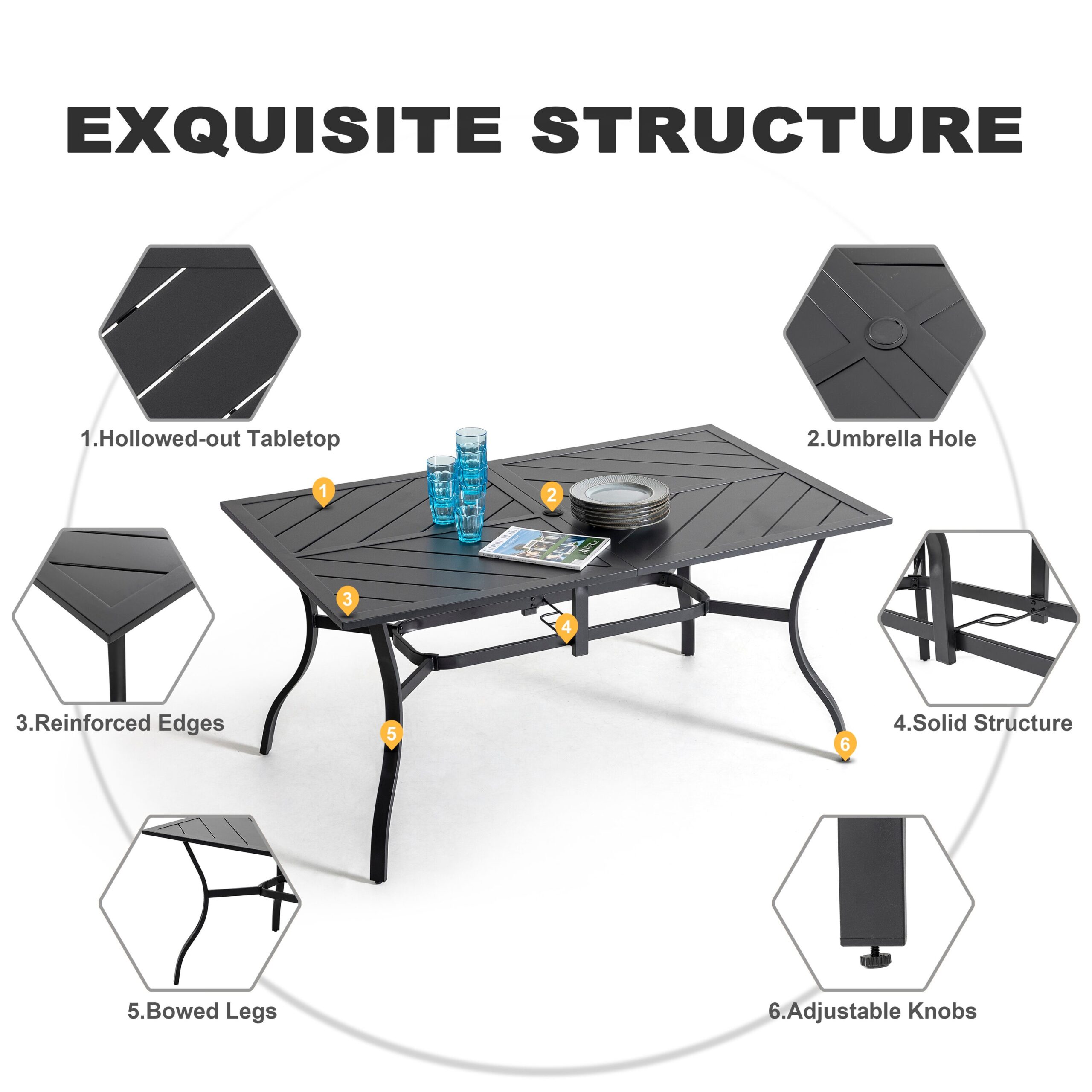 Nuu Garden Outdoor 7-Piece Padded Textilene Metal Dining Set with Umbrella Hole 7 -Piece Black Patio Dining Set Iron Rectangle Table with 6 Blue C-spring Chairs