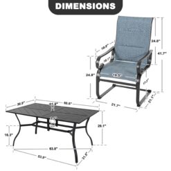 Nuu Garden Outdoor 7-Piece Padded Textilene Metal Dining Set with Umbrella Hole 7 -Piece Black Patio Dining Set Iron Rectangle Table with 6 Blue C-spring Chairs