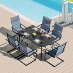 Nuu Garden Outdoor 7-Piece Padded Textilene Metal Dining Set with Umbrella Hole 7 -Piece Black Patio Dining Set Iron Rectangle Table with 6 Blue C-spring Chairs