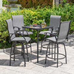 Nuu Garden 5 -Piece Black Bar Height Patio Dining Set Iron Square Table with 4 Gray Swivel Chairs