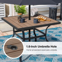 Nuu Garden 5 -Piece Wood-Grain Patio Dining Set Iron Square Table with 4 Brown Swivel Chairs