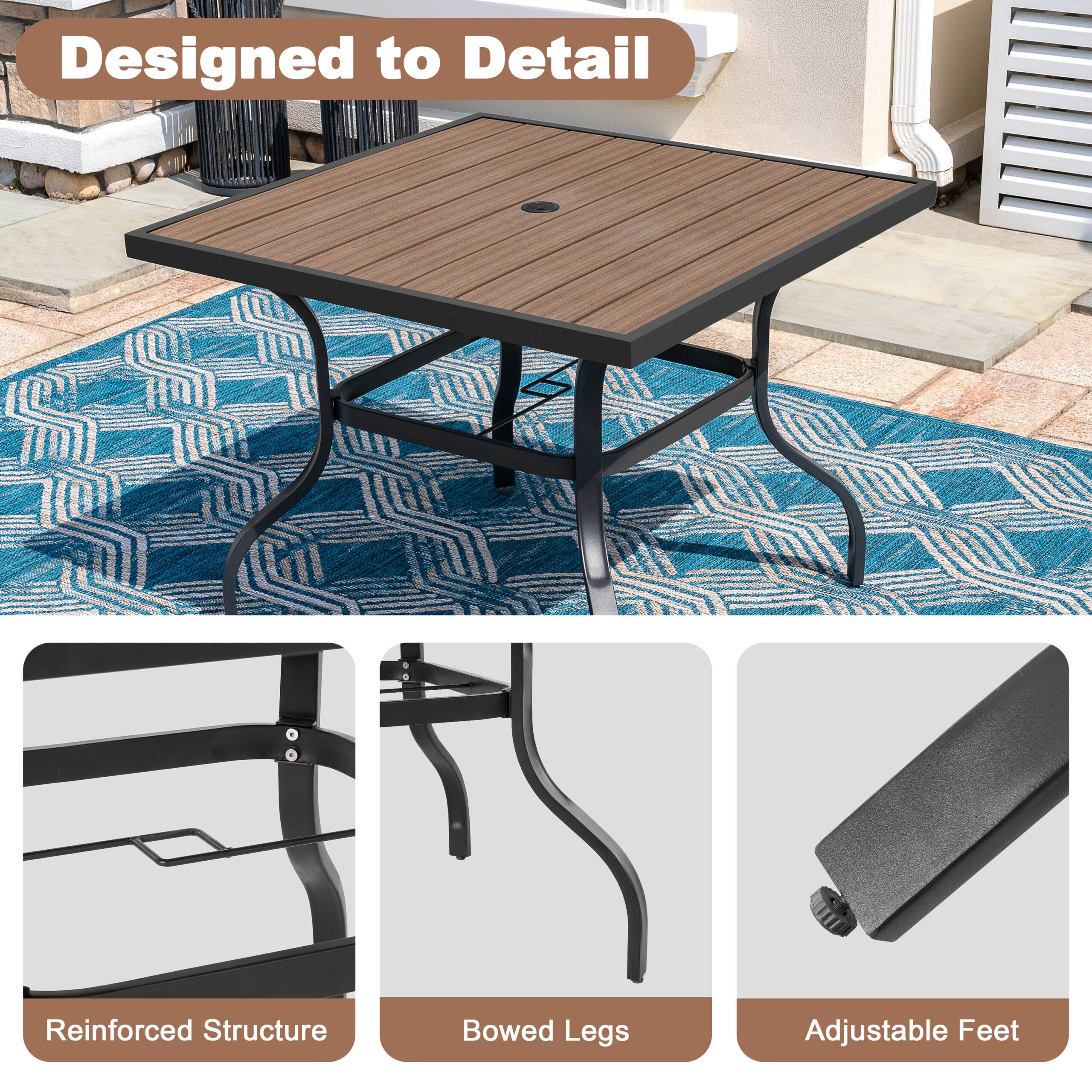 Nuu Garden 5 -Piece Wood-Grain Patio Dining Set Iron Square Table with 4 Brown Swivel Chairs