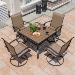 Nuu Garden 5 -Piece Wood-Grain Patio Dining Set Iron Square Table with 4 Brown Swivel Chairs