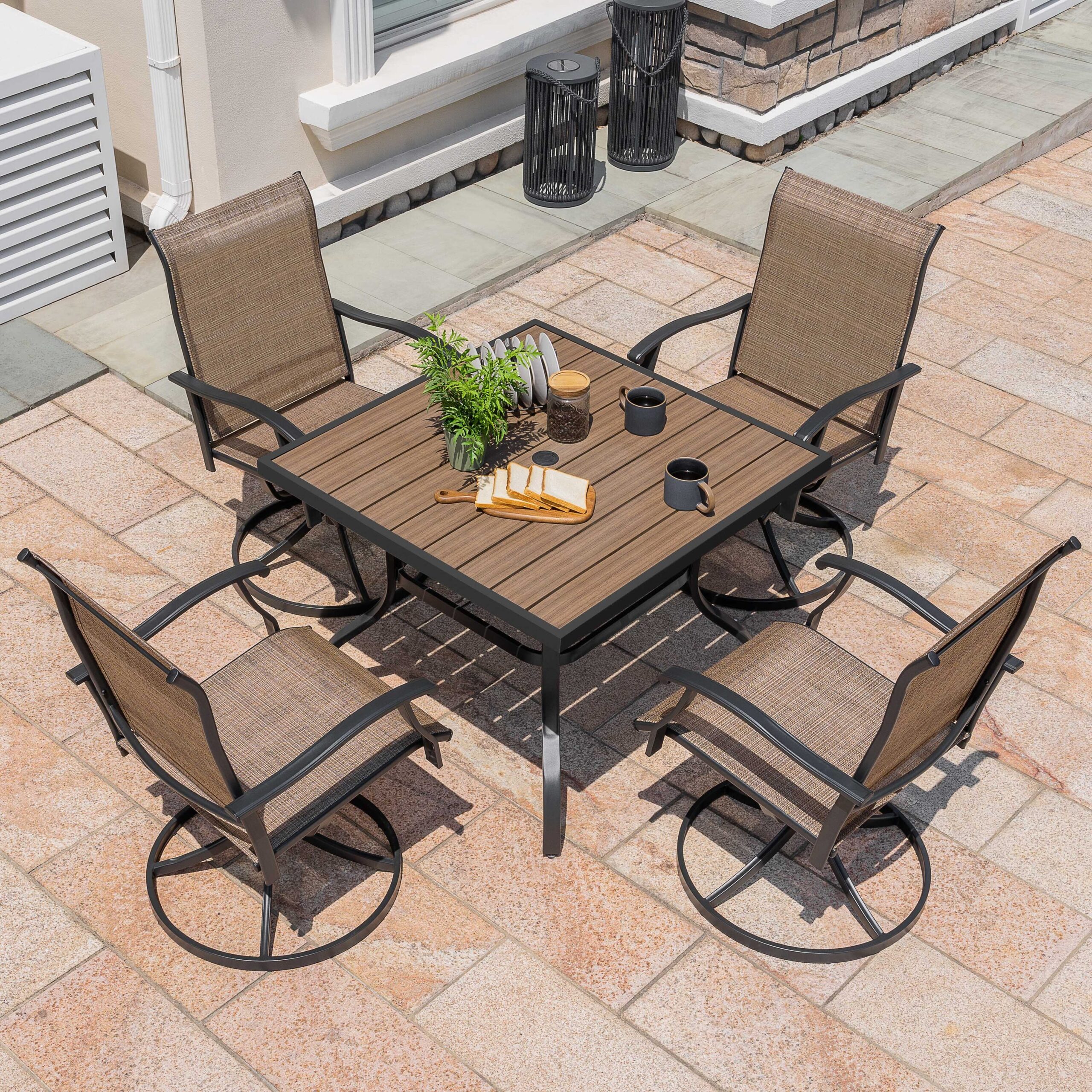Nuu Garden 5 -Piece Wood-Grain Patio Dining Set Iron Square Table with 4 Brown Swivel Chairs