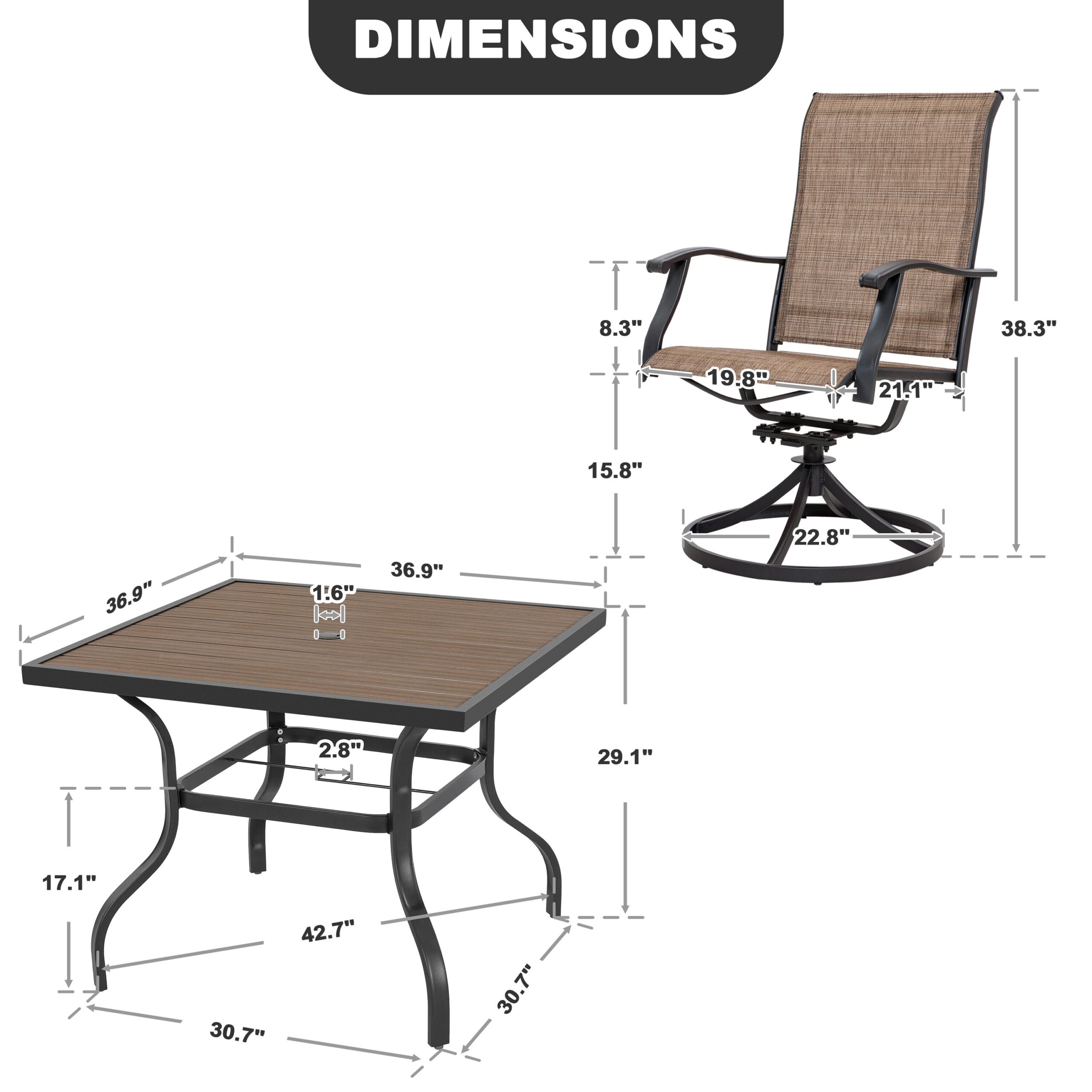Nuu Garden 5 -Piece Wood-Grain Patio Dining Set Iron Square Table with 4 Brown Swivel Chairs