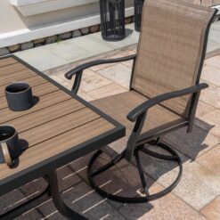 Nuu Garden 5 -Piece Wood-Grain Patio Dining Set Iron Square Table with 4 Brown Swivel Chairs