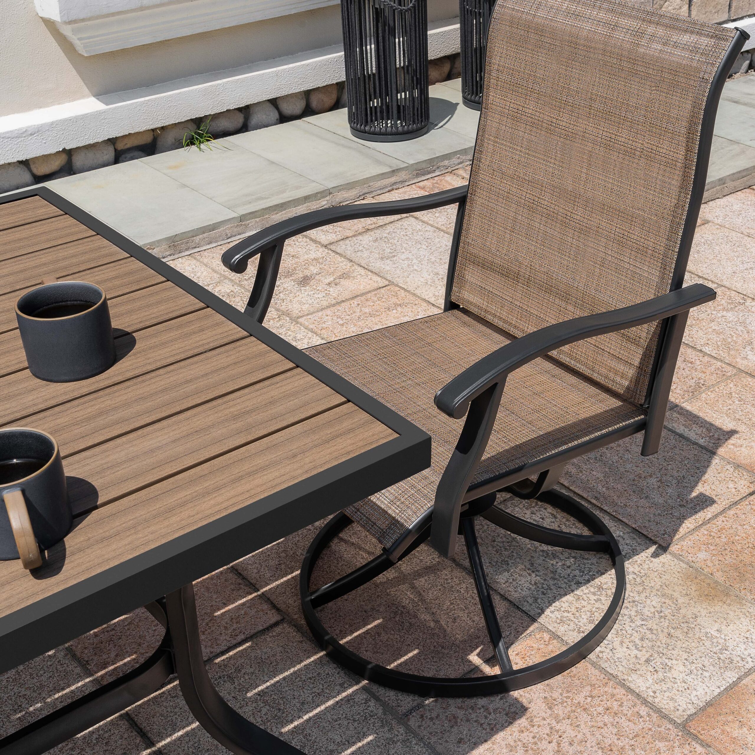 Nuu Garden 5 -Piece Wood-Grain Patio Dining Set Iron Square Table with 4 Brown Swivel Chairs