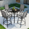 Nuu Garden 5 -Piece Black and Brown with gold point Bar Height Patio Dining Set Iron Square Table with 4 Gray Swivel Chairs